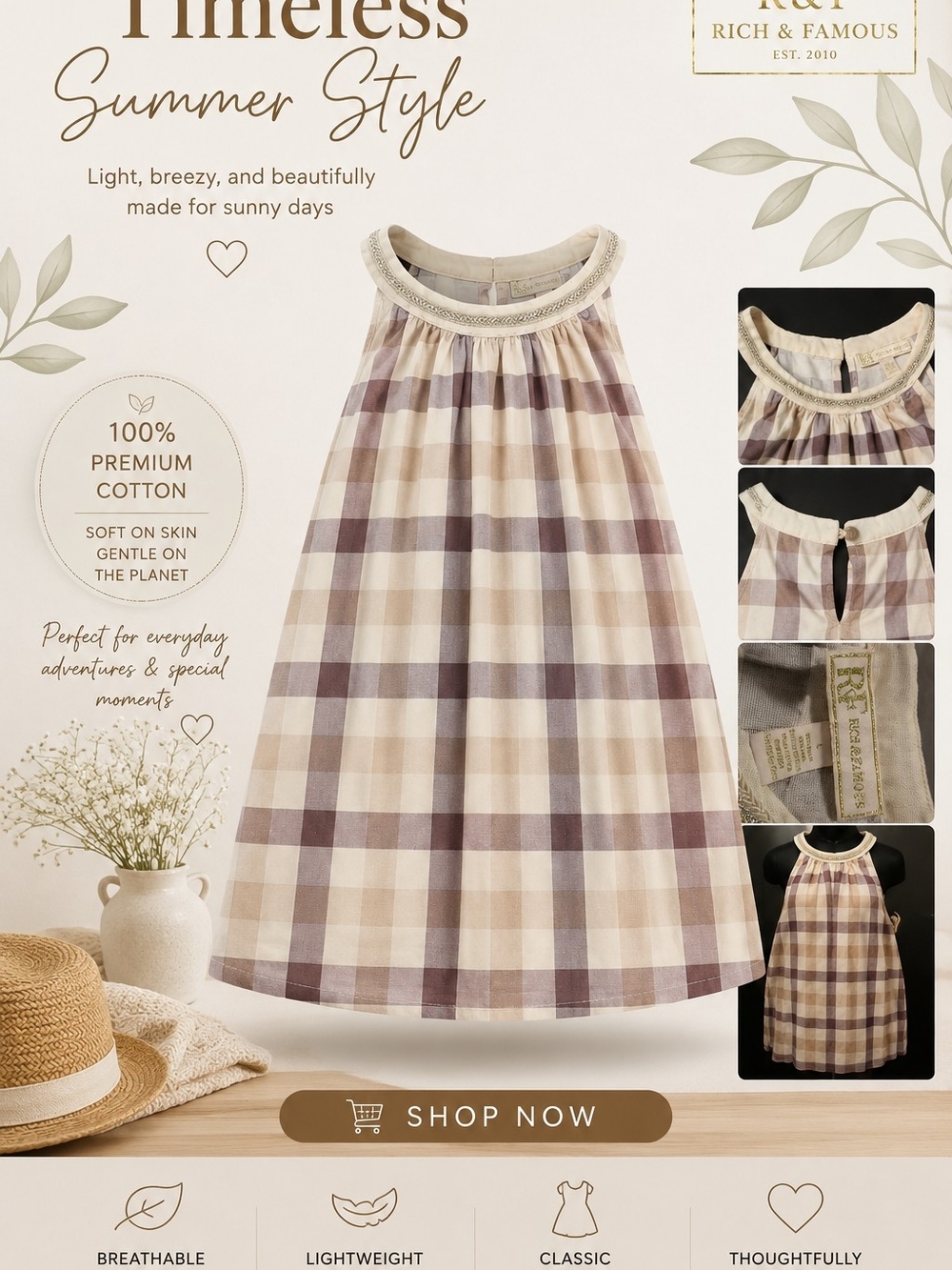 Rich & Famous WOMENS RAZOR BACK Cream and Brown Plaid Cotton Tank #ZNURSE